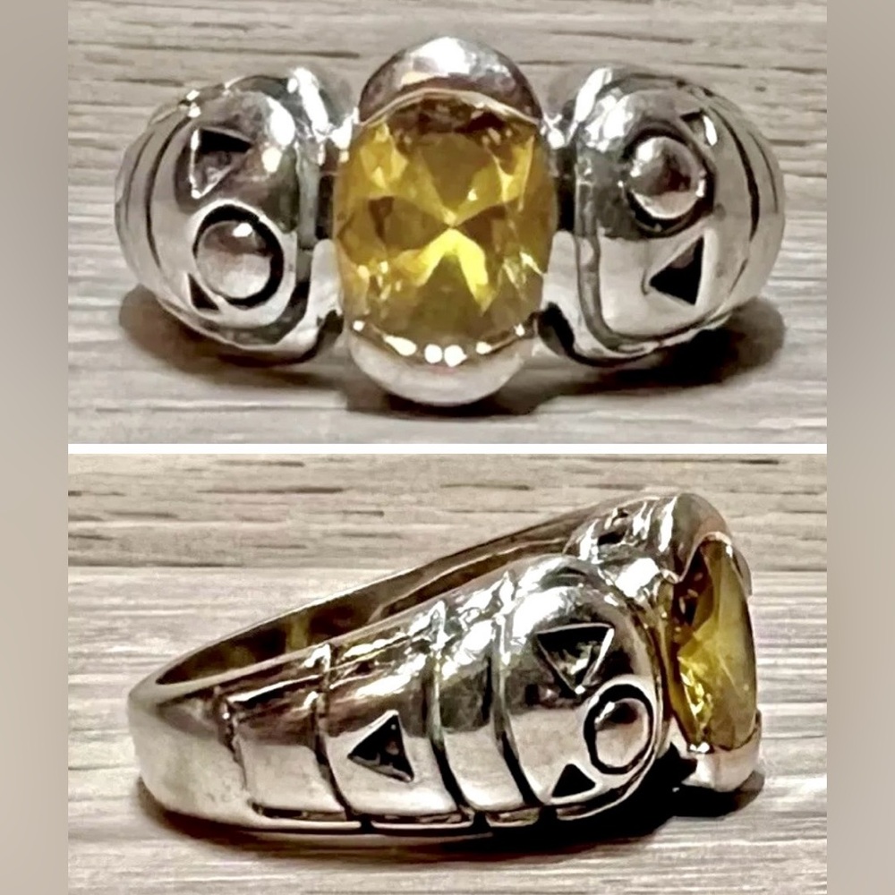 Vintage Designer Hallmarked Geometric Sterling Silver Citrine Ring, Size 7
